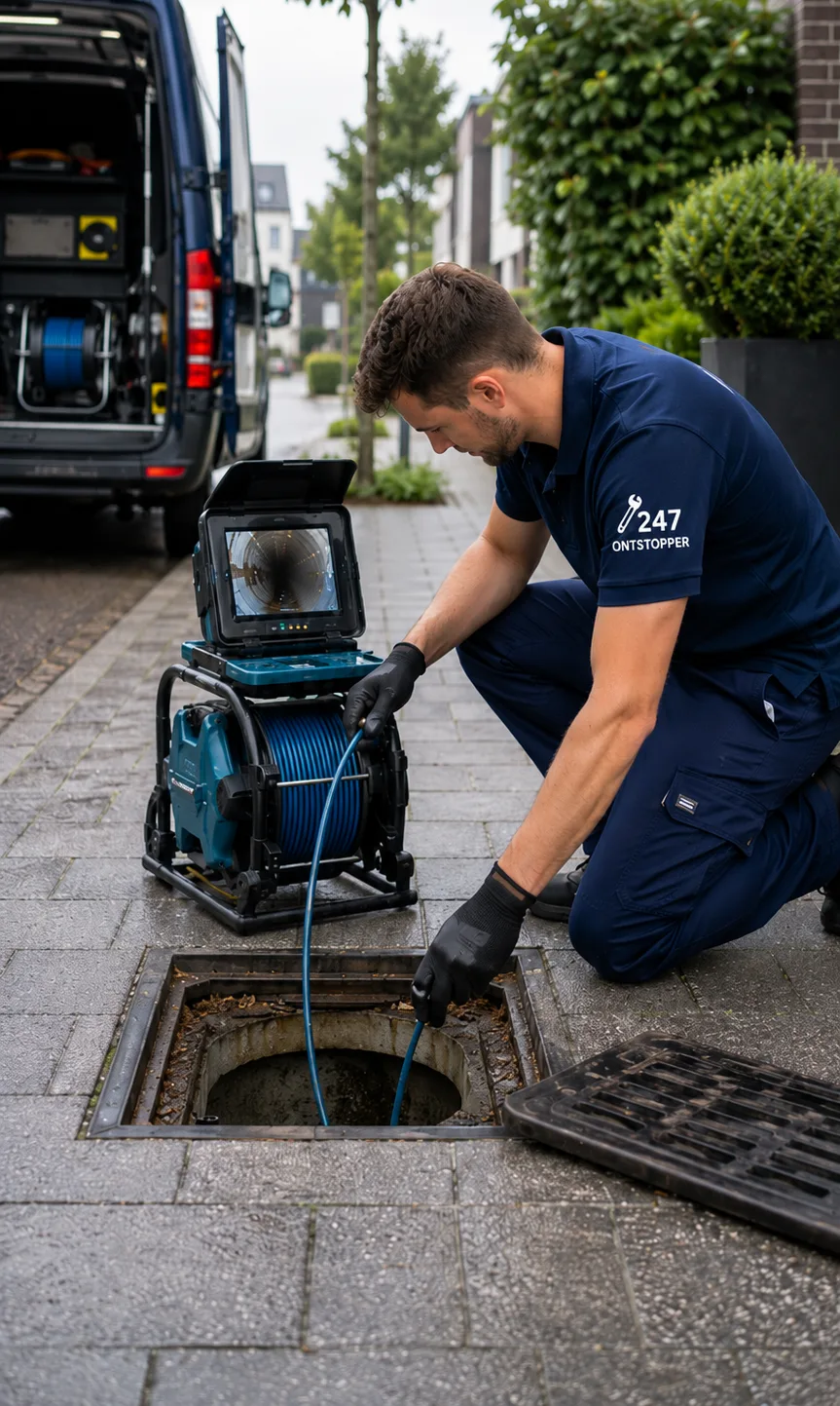 Monteur van 247Ontstopper ontstopt een verstopt riool met professionele apparatuur